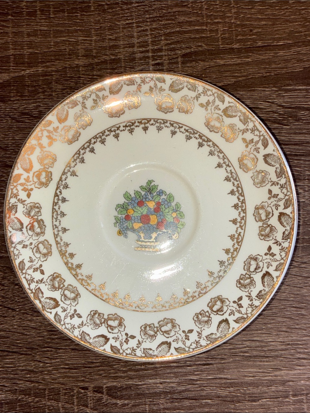 4 Vintage Pope Gosser Floral Gold-Trimmed Cream Saucer 6”
